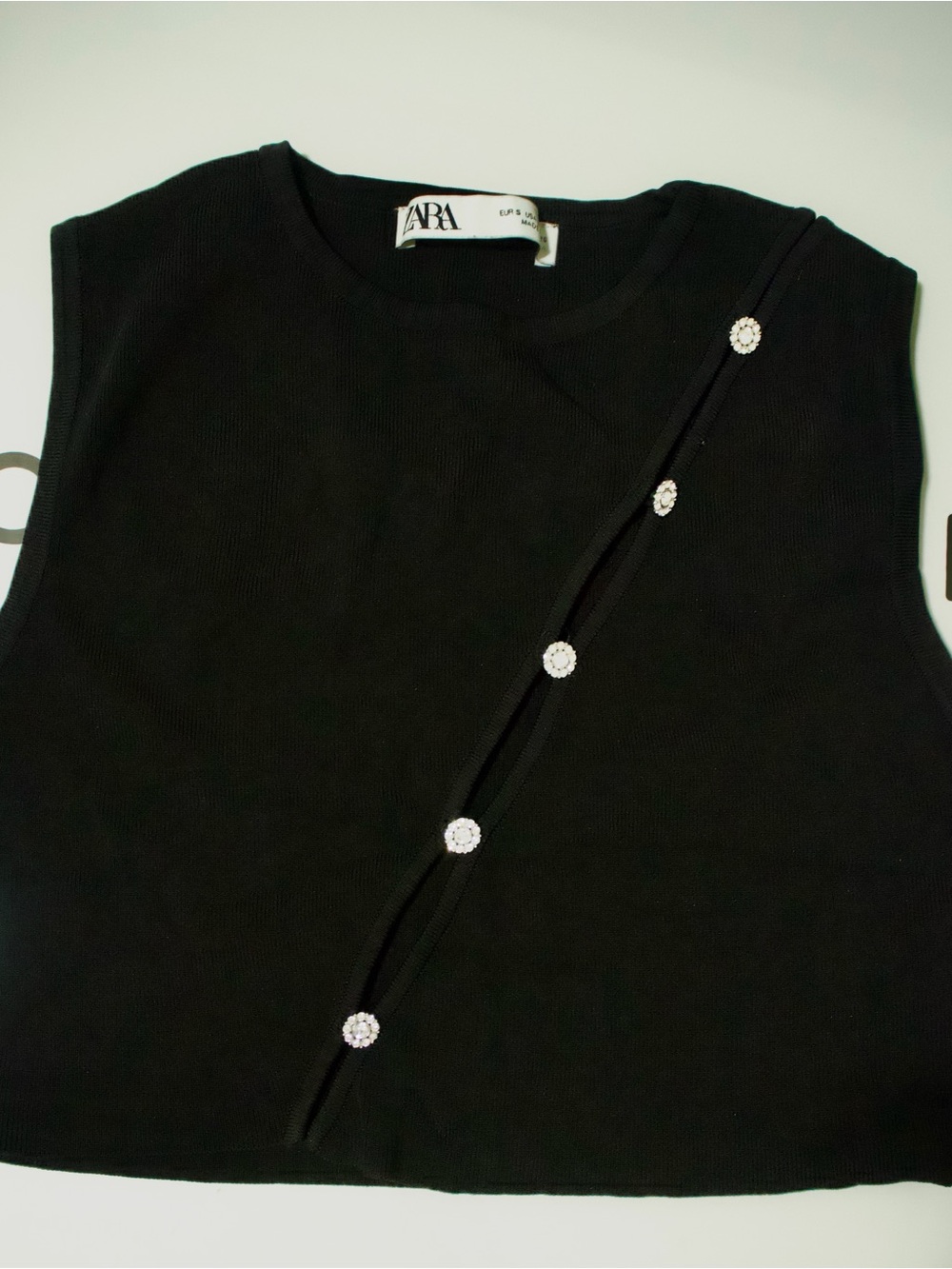 ZARA Black Asymmetric Rhinestone Pearl Crystal Button Knit Tank Top - XS